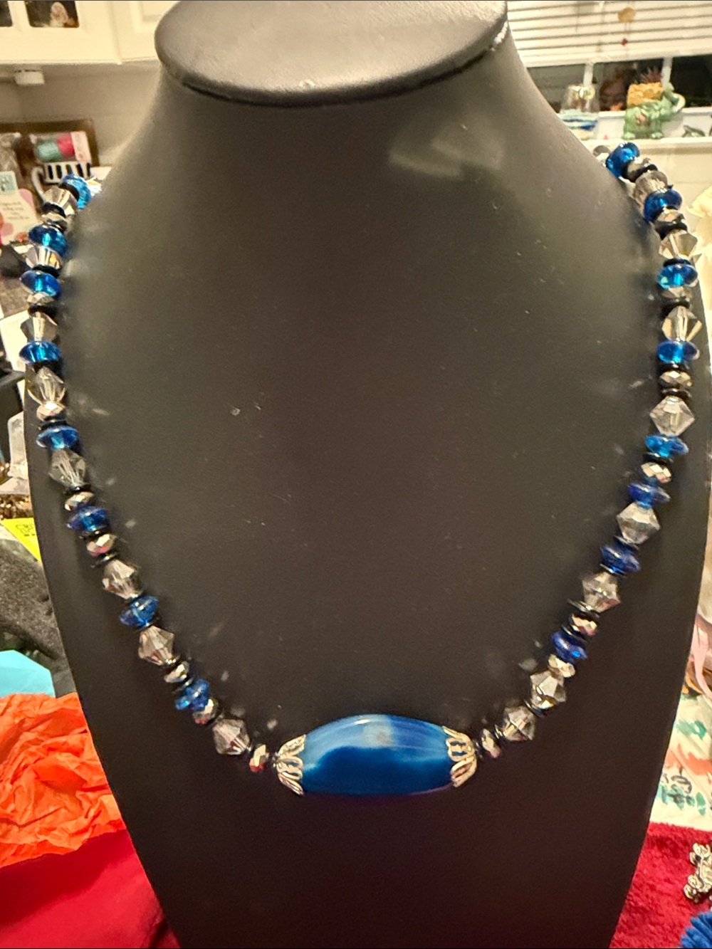 Vintage Blue agate and glass bead tested necklace gorgeous clasp replaced